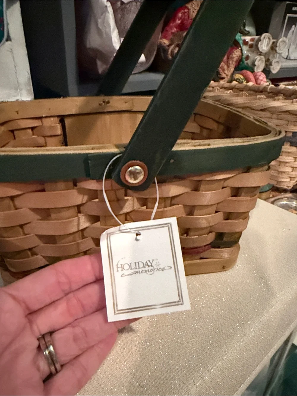 Holiday Memories Handwoven Snowman Accent Basket with Green Handle